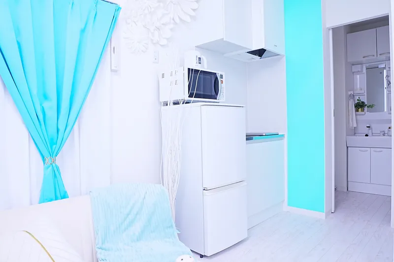 Blue Sky room - kitchen with refrigerator and microwave