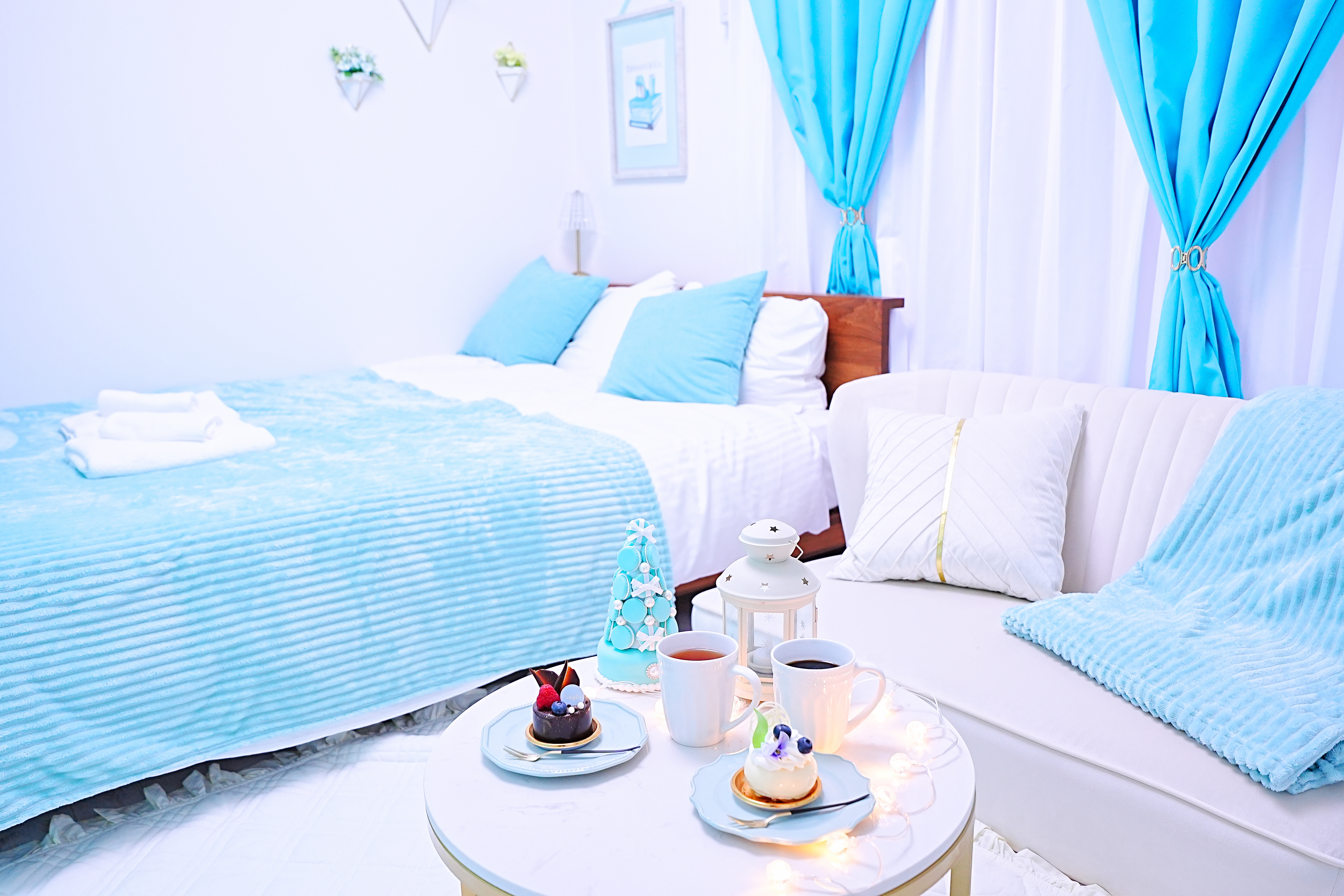 Blue Sky room - lifestyle setup with cake and tea